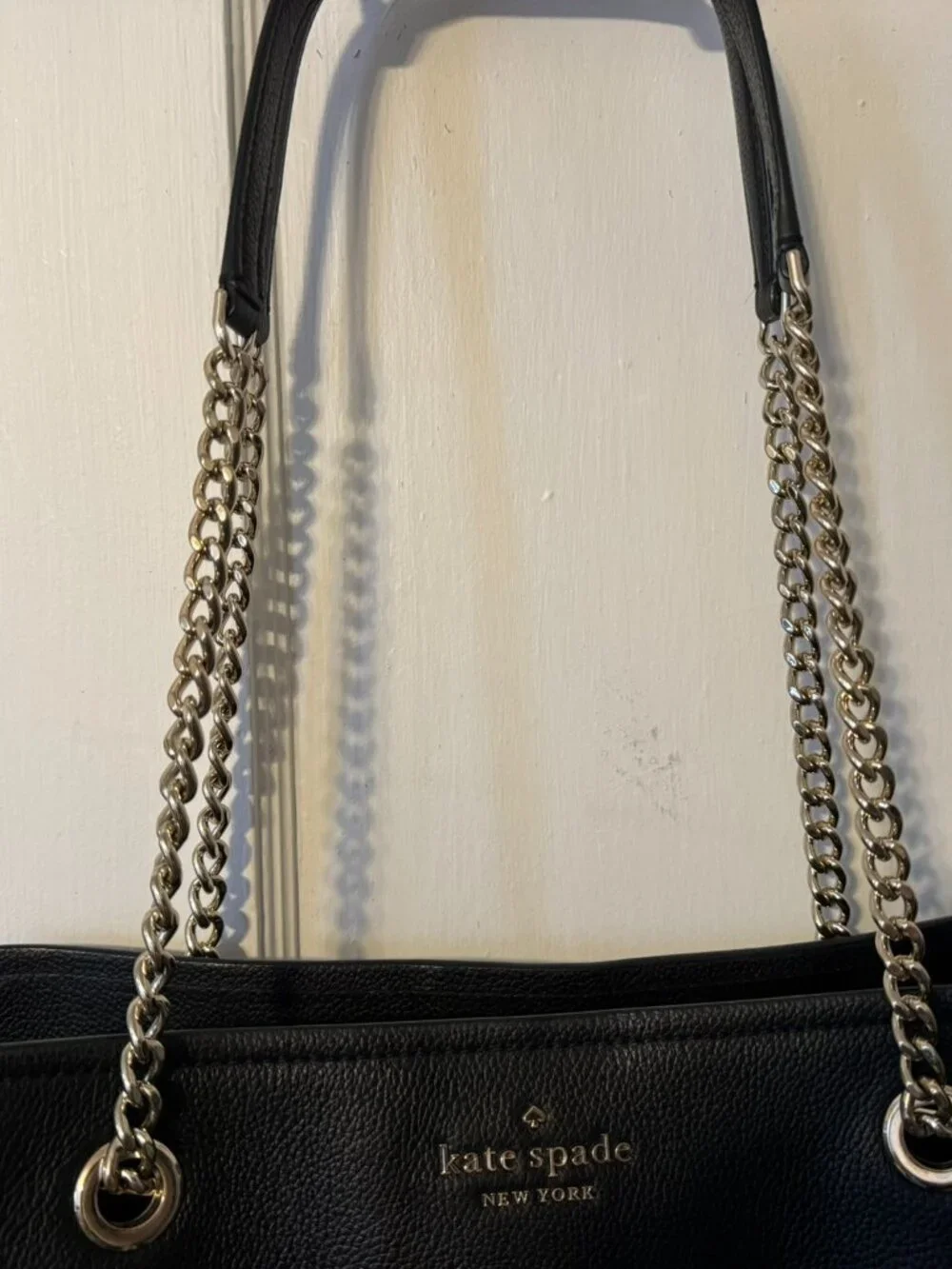 Kate Spade Black Leather Tote Purse with Gold Chain Link Straps